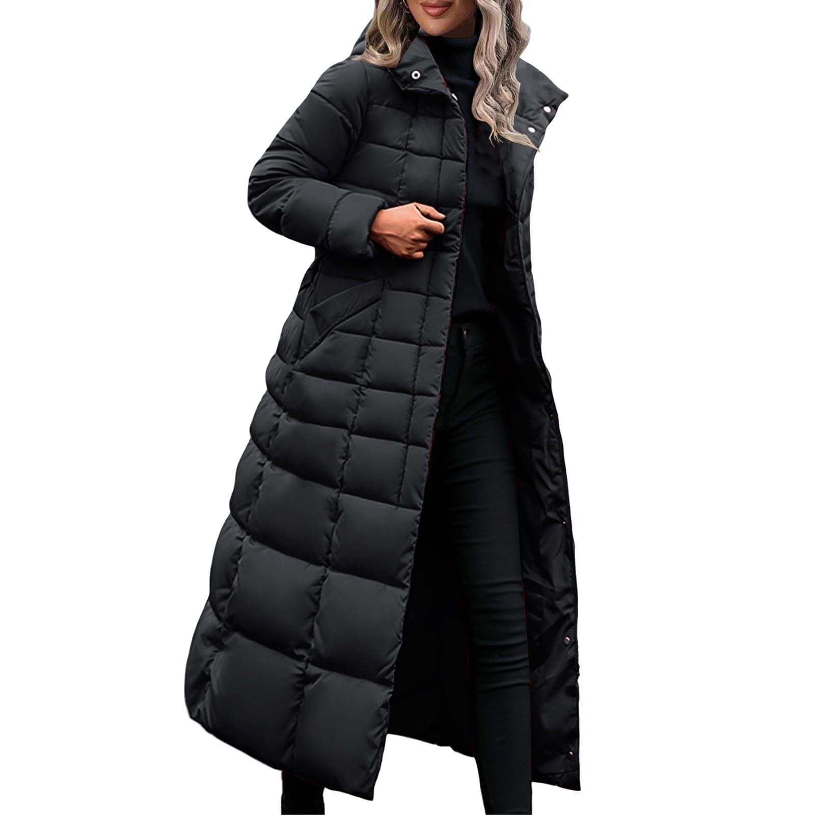 Womens Winter Long Puffer Coats Down Thicken Warm Quilted Jacket Plus Long Solid Color Hooded Down Jackets Outerwear Black XL