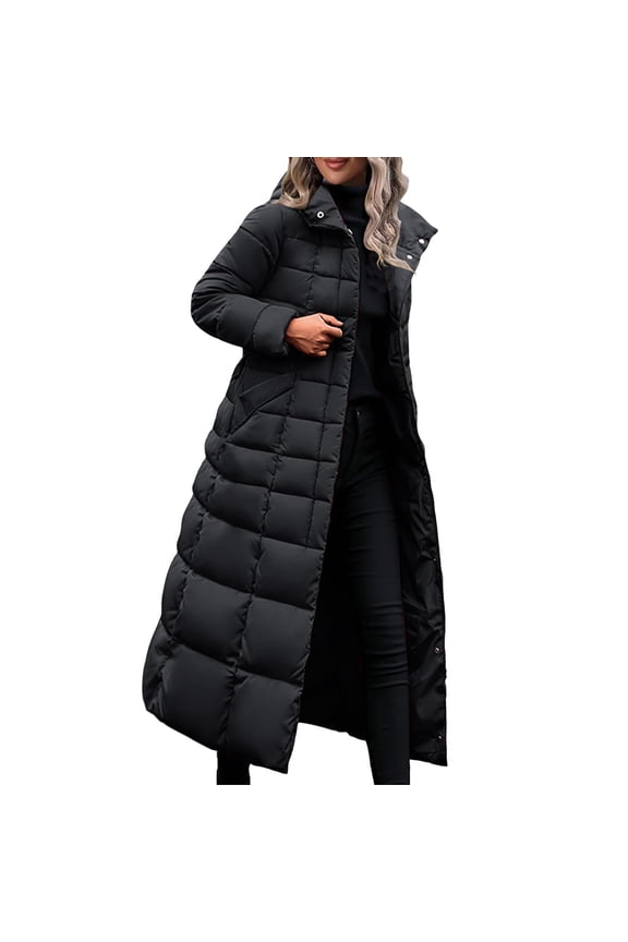 Womens Winter Long Puffer Coats Down Thicken Warm Quilted Jacket Plus Long Solid Color Hooded Down Jackets Outerwear Black XXL