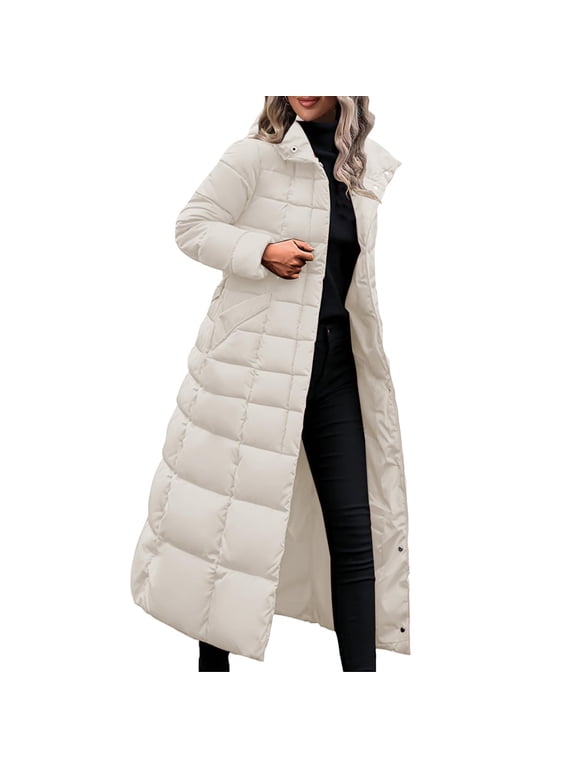 Womens Winter Long Puffer Coats Down Thicken Warm Quilted Jacket Plus Long Solid Color Hooded Down Jackets Outerwear White M