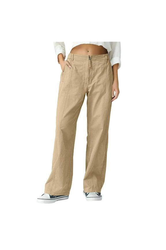 Womens Zip Front Wide Leg Long Pants High Waist Causal Cargo Pants Cotton Pocket Lightweight Comfort Pants Brown M