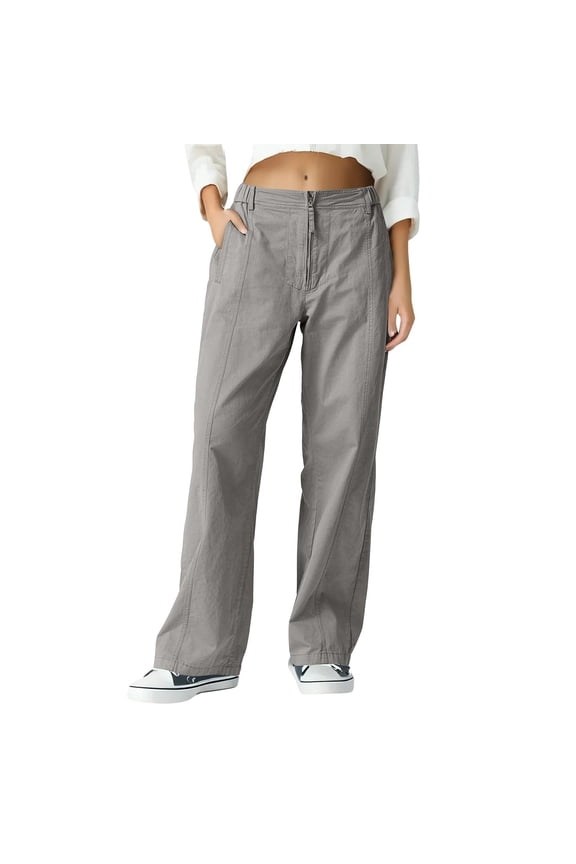Womens Zip Front Wide Leg Long Pants High Waist Causal Cargo Pants Cotton Pocket Lightweight Comfort Pants Gray M