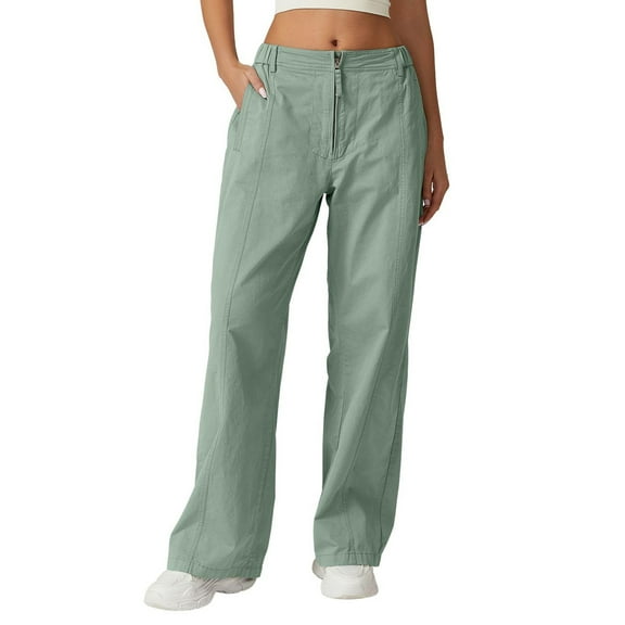 Arnsht Womens Zip Front Wide Leg Long Pants High Waist Causal Cargo Pants Cotton Pocket Lightweight Comfort Pants Green S