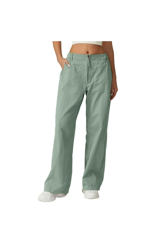 Womens Zip Front Wide Leg Long Pants High Waist Causal Cargo Pants Cotton Pocket Lightweight Comfort Pants Green S