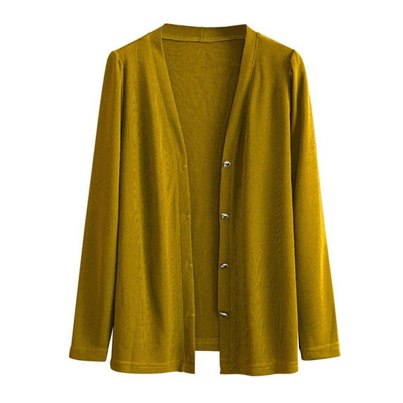 Arnsht (XL-5XL) Women's Plus Size Solid Color V Neck Button Down Knitwear Long Sleeve Soft Basic Knit Cardigan Sweater Gold XXXXL