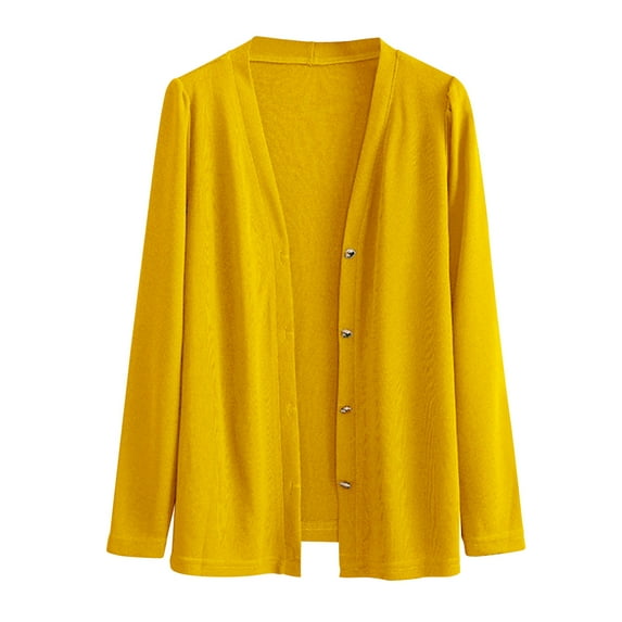 Arnsht (XL-5XL) Women's Plus Size Solid Color V Neck Button Down Knitwear Long Sleeve Soft Basic Knit Cardigan Sweater Yellow XXXXL