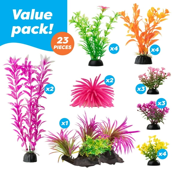 AroPaw Aquarium Decorations 23 Pack Plastic Decor Fish Tank Plants, Small to Large Includes Assortment Colorful Plants