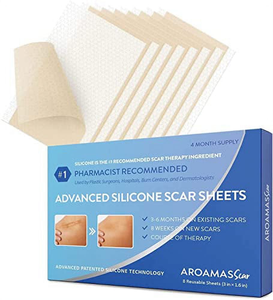 Professional Silicone Scar Sheets, Soften and Flattens Scars Resulting from Surgery, Injury, Burns, Acne, C-section and more, Soft Silicone Scar Strips, 3" X 1.57", 8 Sheets (4 Month Supply)