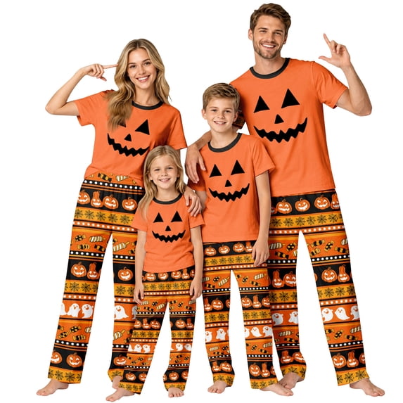Aroave Family Matching Halloween Pajama Set, Jack-O-Lantern Face Top Striped Pumpkin Ghost Candy Print Long Pants, Soft Casual Sleepwear for Halloween Pajama Party