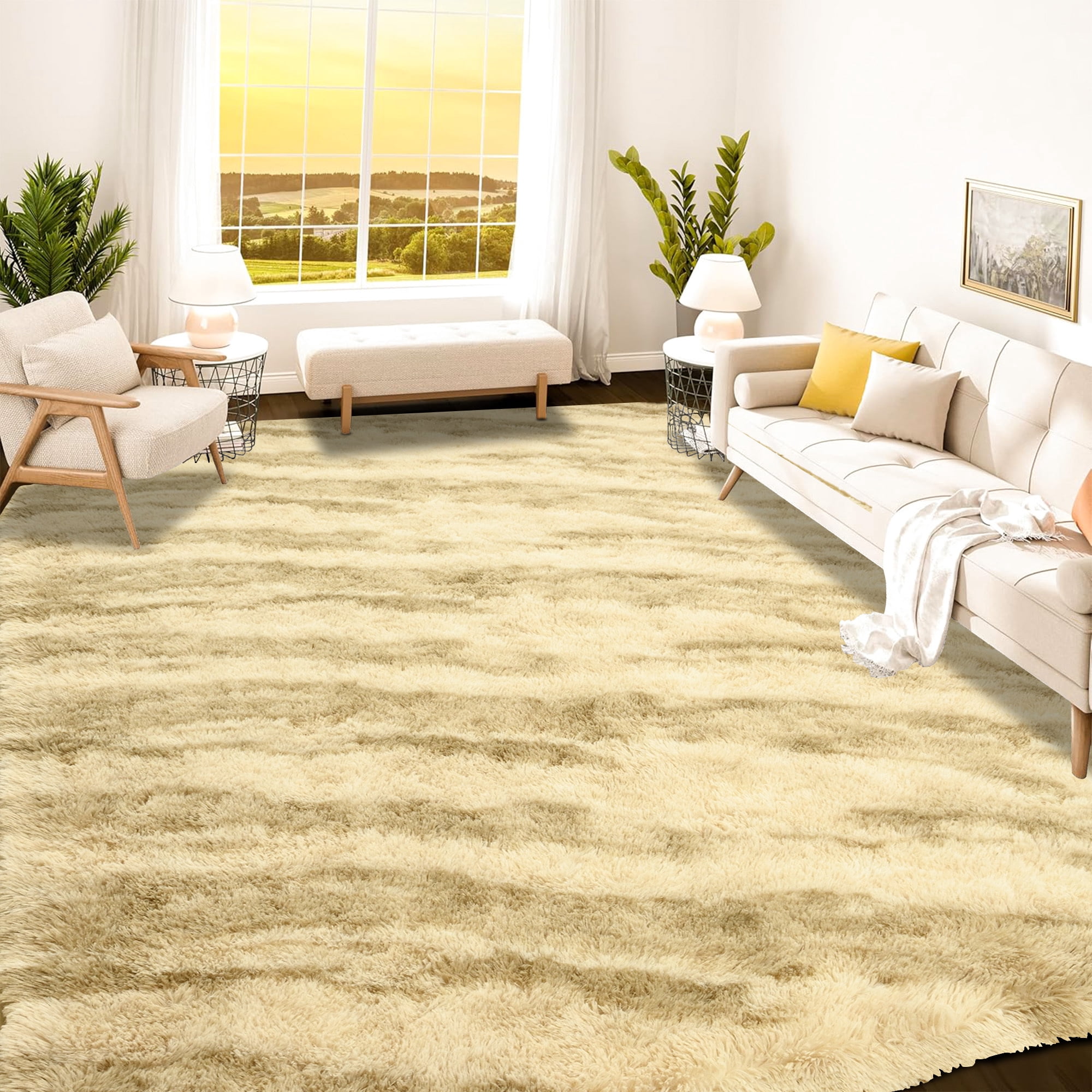 Arogan 6x9 Feet Area Rugs for Living Room Bedroom, Beige Soft Fluffy Shaggy Bedside Carpet, Machine Washable Indoor Floor Rug for Kids Home Decor Aesthetic
