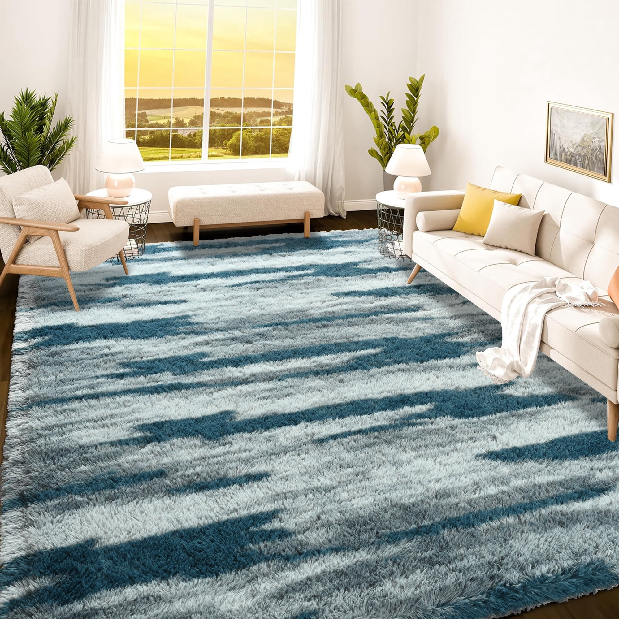 Arogan 6x9 Feet Area Rugs for Living Room Bedroom, Blue Soft Fluffy Shaggy Bedside Carpet, Machine Washable Indoor Floor Rug for Kids Home Decor Aesthetic
