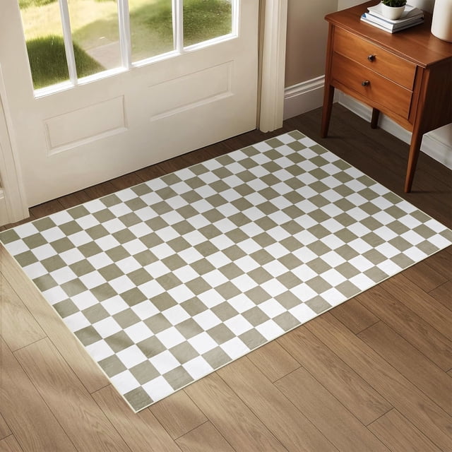 Arogan Checkered Area Rug for Living Room Bedroom Washable Rug, Camel and White,2' x 3'