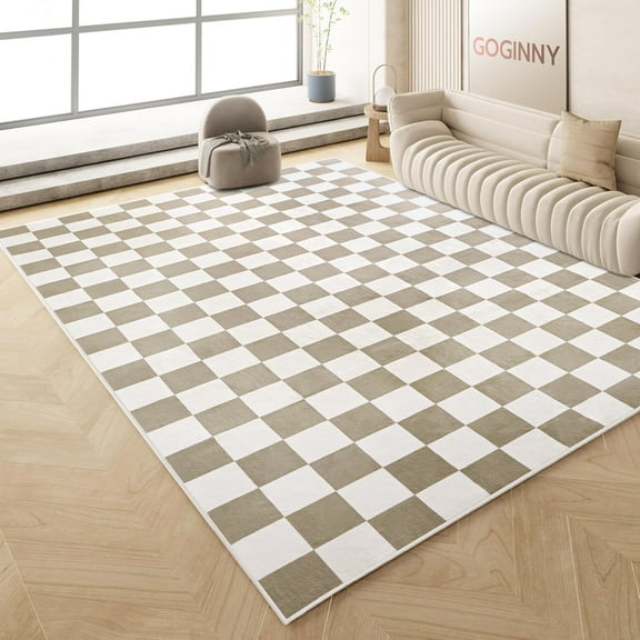 Arogan Checkered Area Rug for Living Room Bedroom Washable Rug, Camel and White,5' x 7'