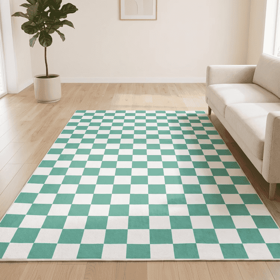 Arogan Checkered Area Rug for Living Room Bedroom Washable Rug, Mint Green and White,5' x 7'