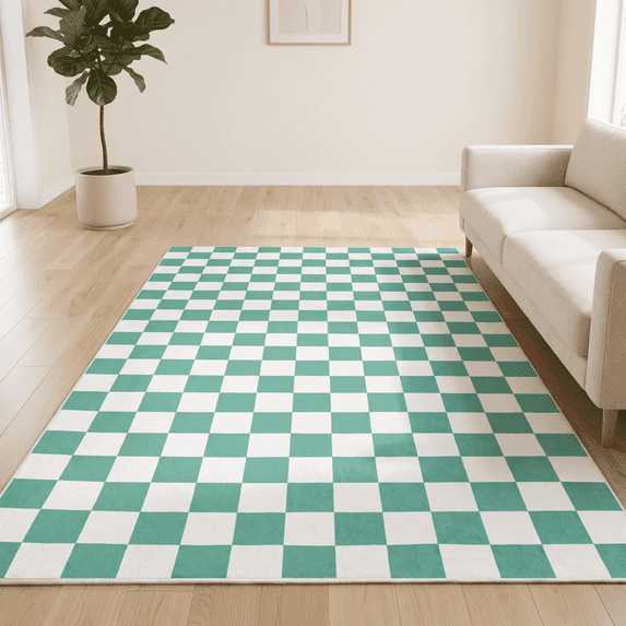 Arogan Checkered Area Rug for Living Room Bedroom Washable Rug, Mint Green and White,6' x 9'