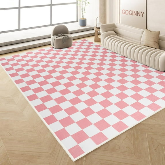 Arogan Checkered Area Rug for Living Room Bedroom Washable Rug, Pink and White,5' x 7'
