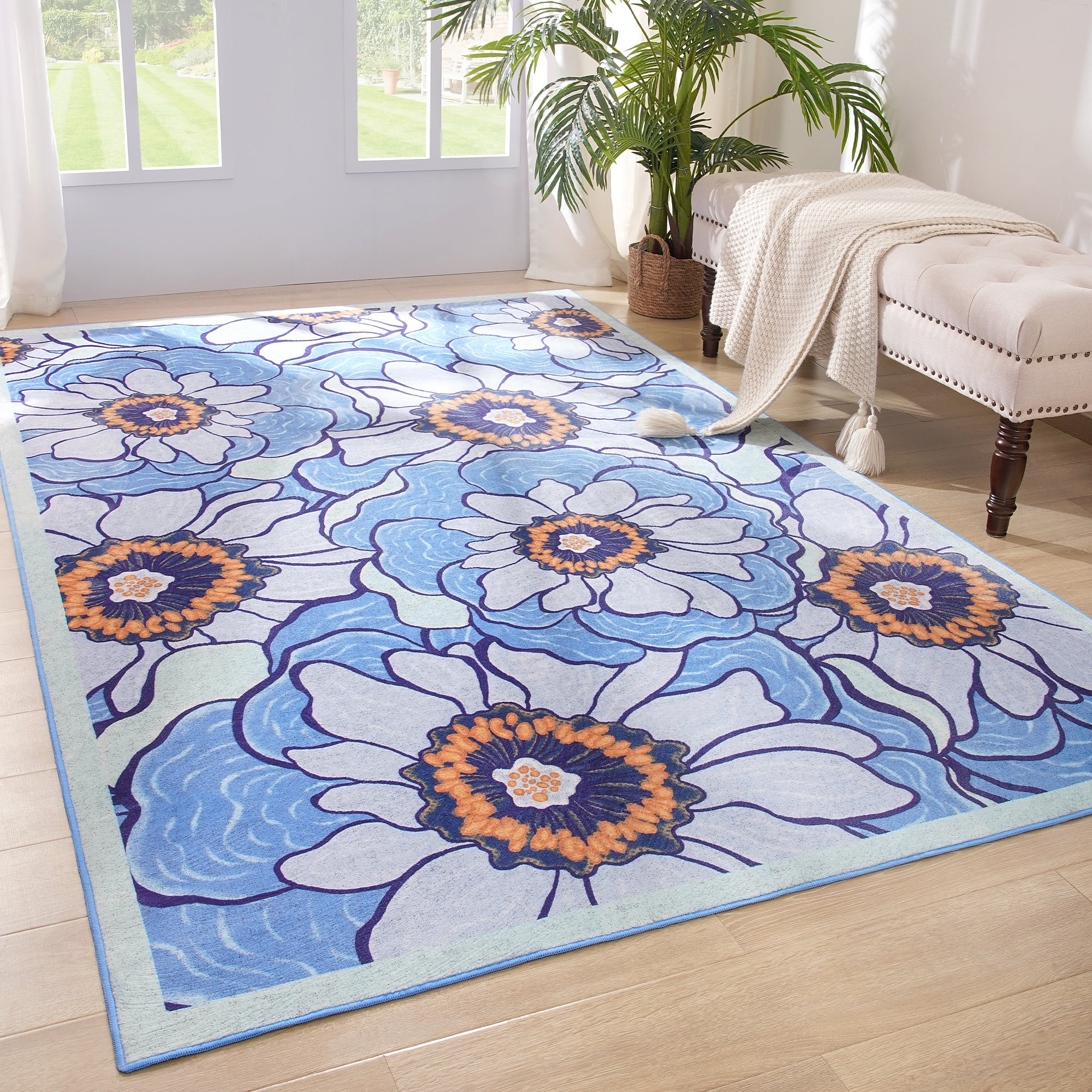 Arogan Flower Area Rug 6x9 for Bedroom, Living Room, Blue