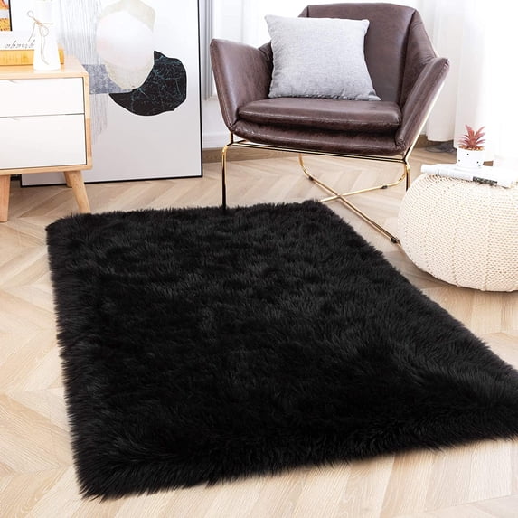 Arogan Fluffy Faux fur Area Carpet for Home Decor, 2.3' x 5' , Black