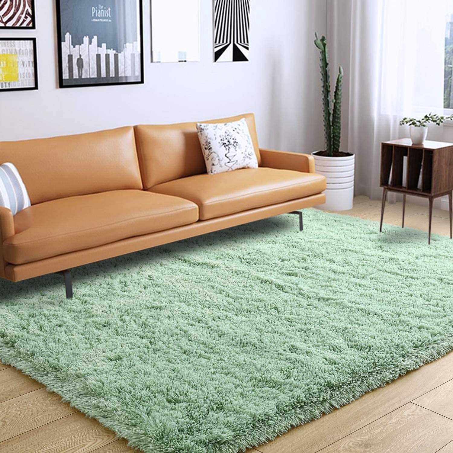 Arogan 5x8ft Green Plush Shaggy Rug, Soft Kids Room Carpet, Large