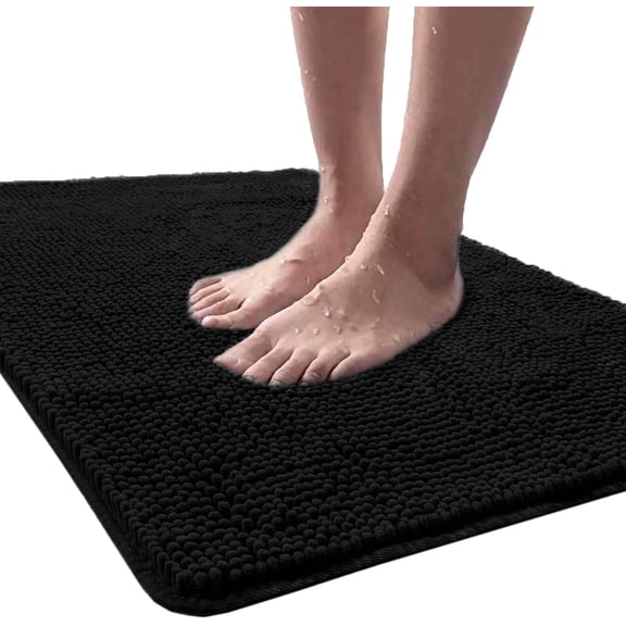 Arogan Luxury Bathroom Rug Shaggy Bath Mat 24 x 36 Inch, Washable Non Slip Bath Rugs for Bathroom Shower, Soft Plush Chenille Absorbent Carpets Mats, Black