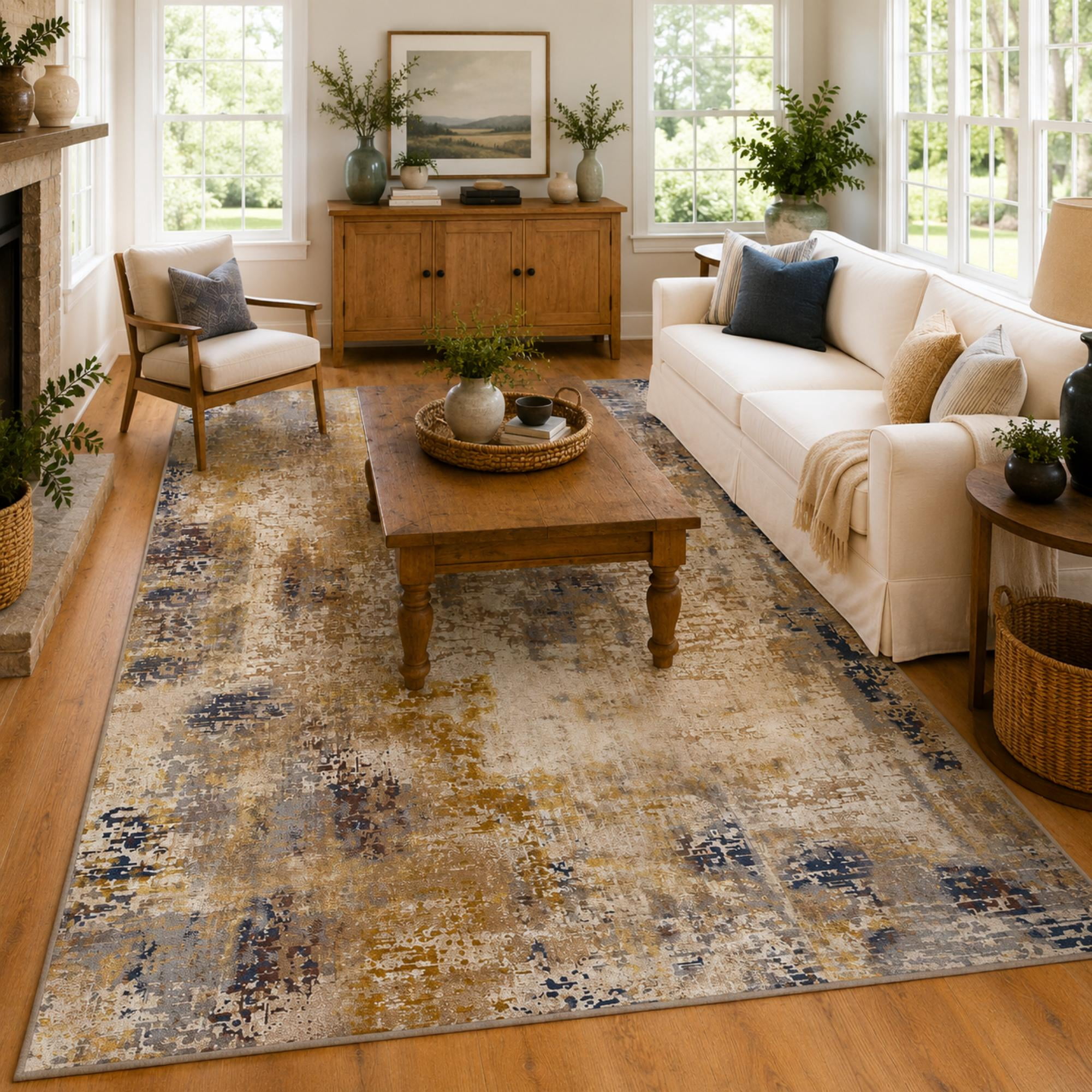 Arogan Modern Abstract Washable Rug for Living Room, Bedroom, Dining Room, Children's Playroom, Beige, 5' x 7'