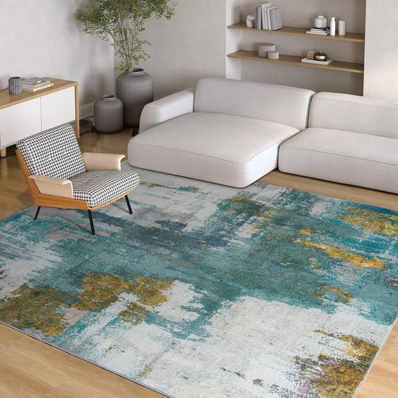 Arogan Modern Abstract Washable Rug for Living Room, Bedroom, Dining Room, Children's Playroom, Blue, 5' x 7'