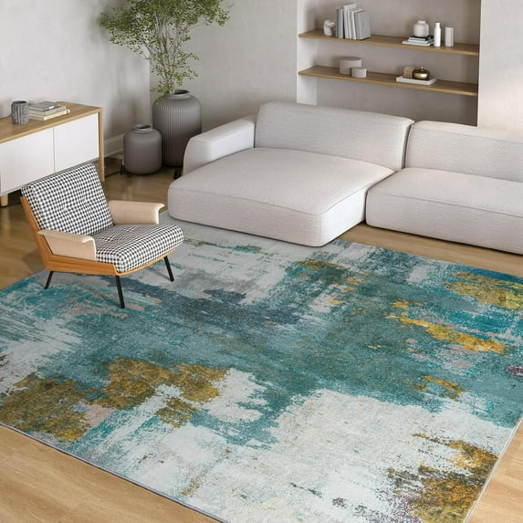 Arogan Modern Abstract Washable Rug for Living Room, Bedroom, Dining Room, Children's Playroom, Blue, 6' x 9'