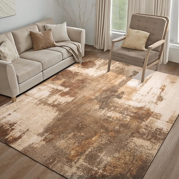 Arogan Modern Abstract Washable Rug for Living Room, Bedroom, Dining Room, Children's Playroom, Brown, 5' x 7'