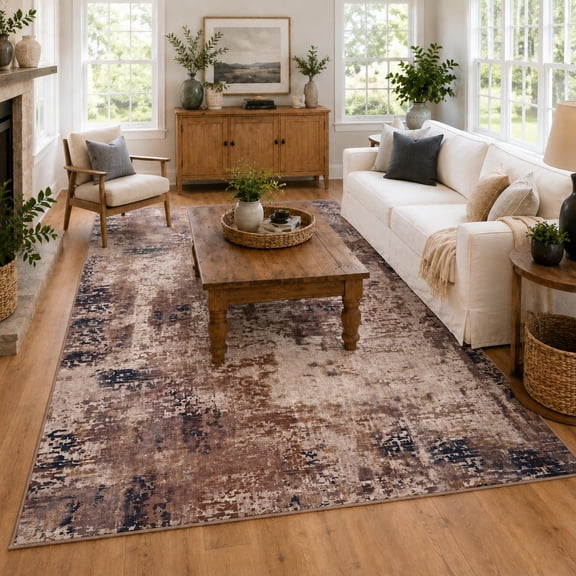 Arogan Modern Abstract Washable Rug for Living Room, Bedroom, Dining Room, Children's Playroom, Brown, 8' x 10'