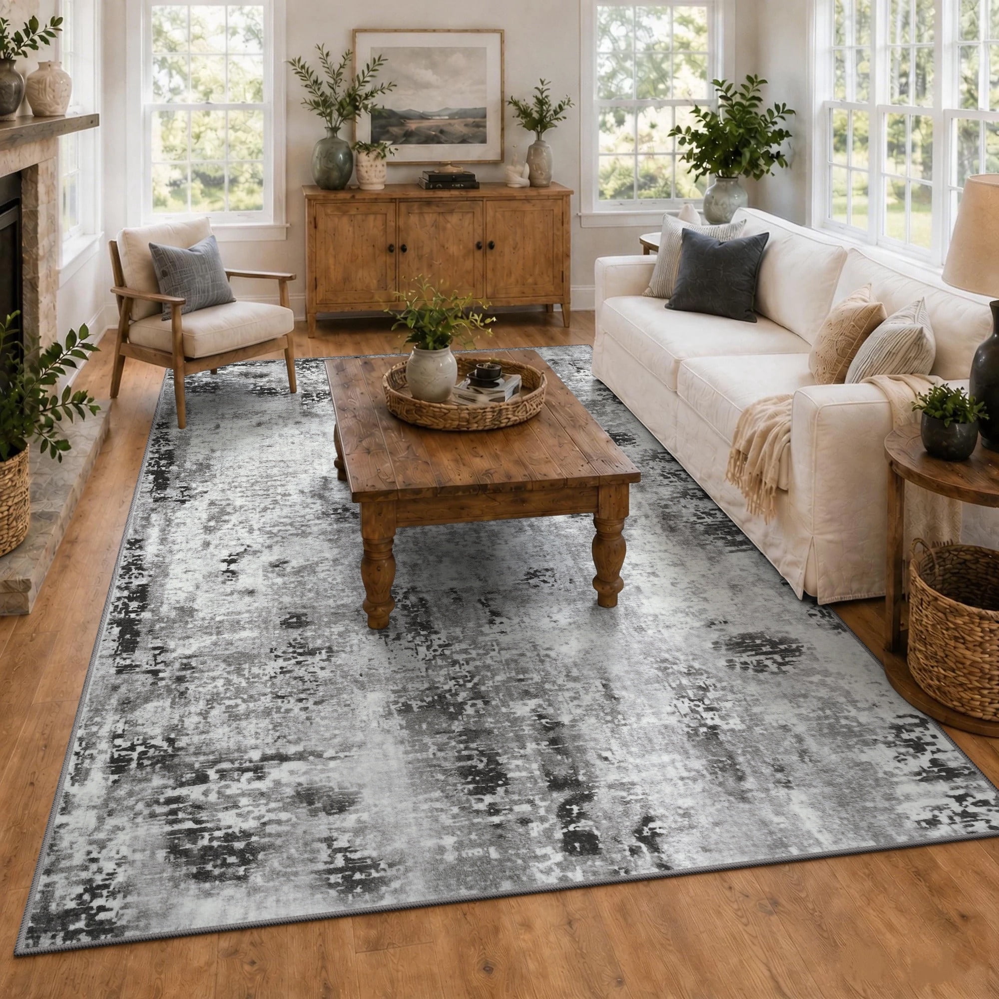 Arogan Modern Abstract Washable Rug for Living Room, Bedroom, Dining Room, Children's Playroom, Grey, 4' x 6'