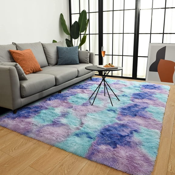 Arogan Soft Fluffy Rainbow Rugs for Girls Bedroom 3x5, Shaggy Kids Playroom Rugs, Colorful Plush Rug for Living Room Nursery, Cute Fuzzy Carpet Home Decor Mat for Baby Toddlers Teens, Blue Purple