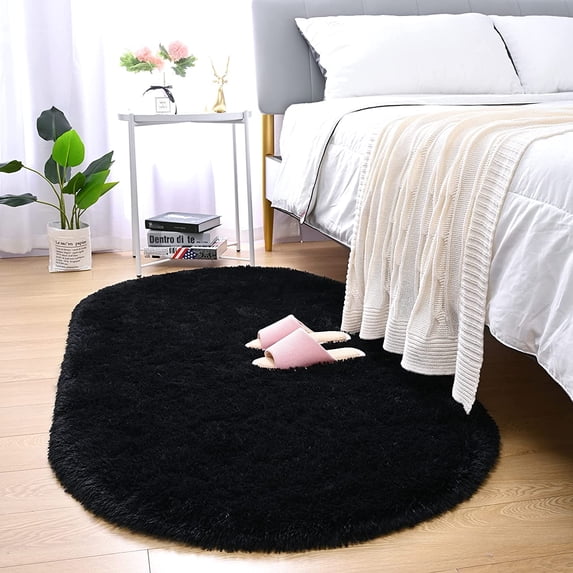 Arogan Super Soft Area Rugs for Bedroom Living Room Nursery Room,Fluffy Oval carpet,2.6'x5.3',Black