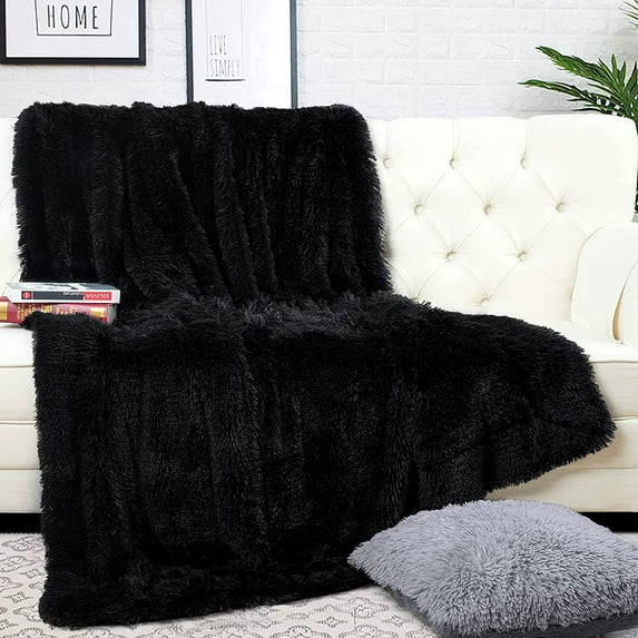 Arogan Super Soft Longfur Fluffy Throw Blanket,Sherpa Warm Underside Blanket,60"x80",Black