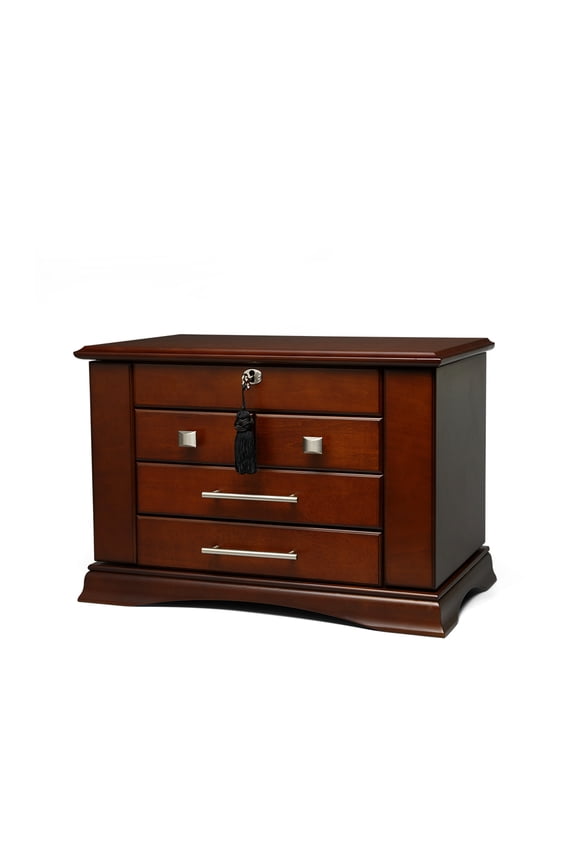 Wood Finish Jewelry Box Chest with Four Storage Compartments - Elegant and Functional Large Jewelry Storage Organizer for Gifts | Keepsake Boxes with Swing-Open Side Doors & Top Mirror Lid