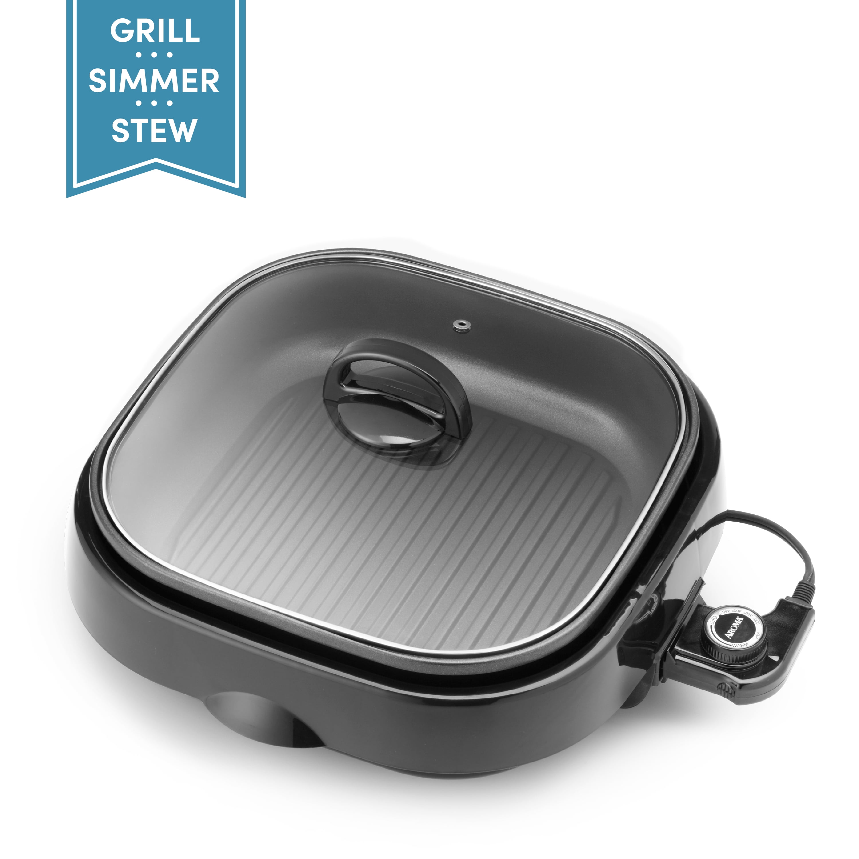 Aroma Black 4Qt 3-in-1 Electric Indoor Grill with Glass Lid