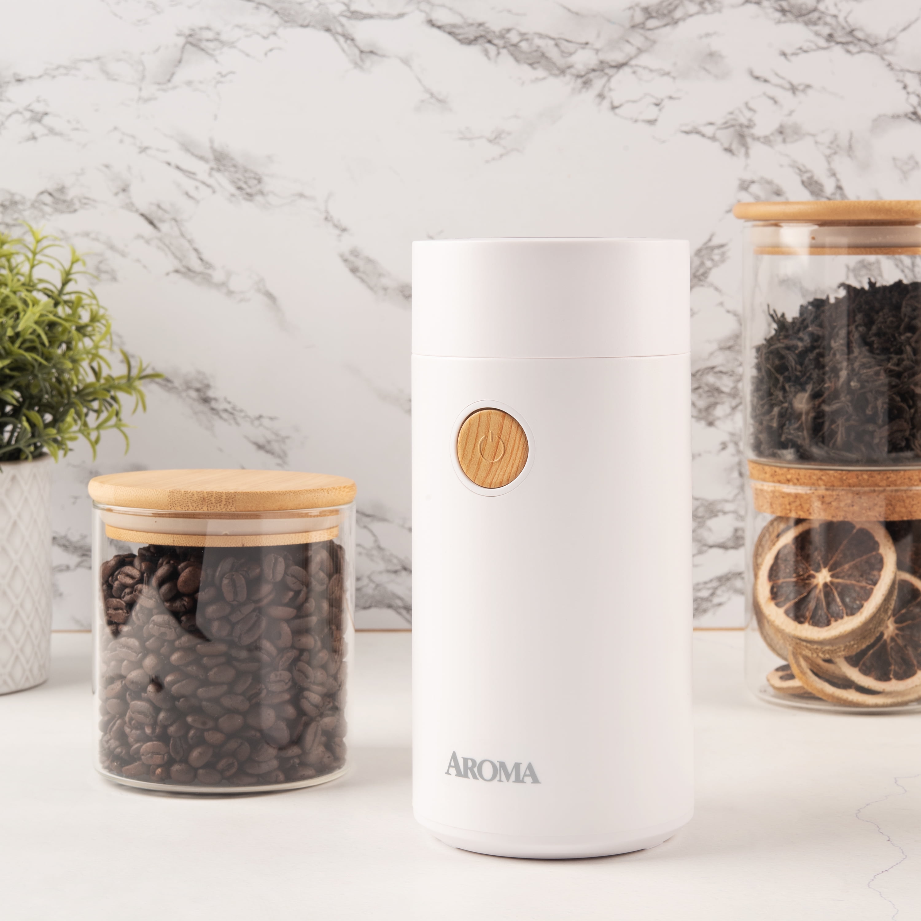 Compact White Electric Coffee Grinder with Wood Button