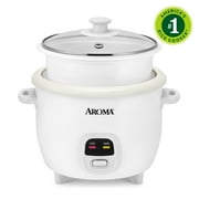 AROMA  6-Cup Rice Cooker & Food Steamer with Bonded Granite  Nonstick Ceramic & Pop-Up Steam Tray - White