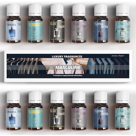 Aroma Depot Masculine Collection – Men’s Aromatherapy Set of 6 Fragrance Oils (10ml Each) for Candles, Soaps, and Diffusers