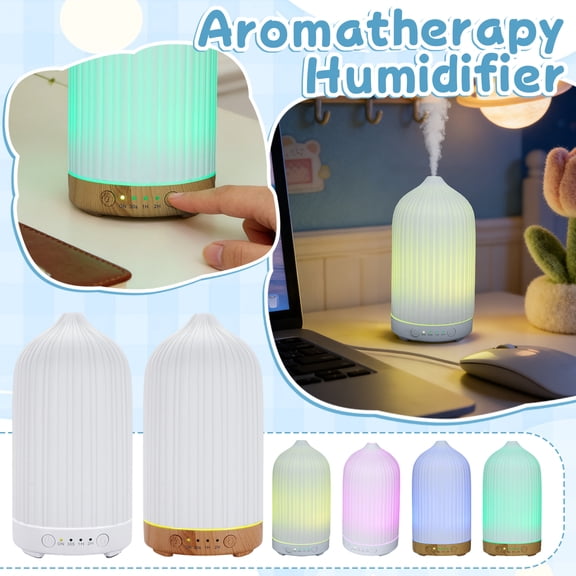 Aroma Diffuser with Colorful LED Lights - USB Powered Diffuser, Ceramic-Style Stripe Vase Humidifier with Light Wood Base for Home Bedroom Living Room Relaxation 1Pcs Light Brown