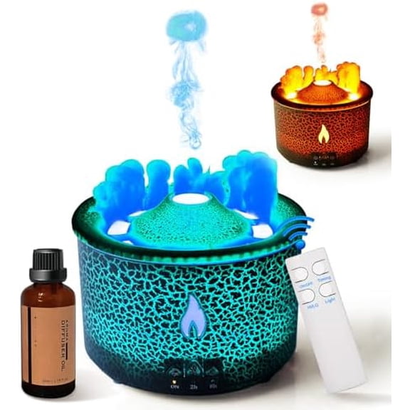 Aroma Essential Oil Diffuser 360 ML,Volcano and Flame Diffuser/Humidifier,give1.76 oz Hotel Collection Essential Oils,Blue/red Light Selection,Diffusers for Home,Large Room(Black Cracks)