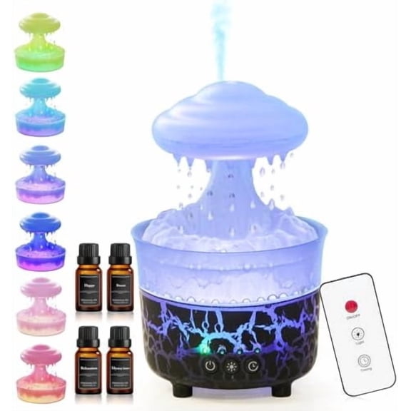 Aroma Essential Oil Diffuser,Rain Cloud humidifier Simultaneously Water Drip and Air Mist,Rain Diffuser with 4 Hotel Collection Essential Oils for Home,Bedroom,Colorful Light(Black)