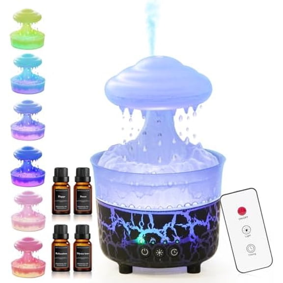 Aroma Essential Oil Diffuser,Rain Cloud humidifier Simultaneously Water Drip and Air Mist,Rain Diffuser with 4 Hotel Collection Essential Oils for Home,Bedroom,Colorful Light(Black)