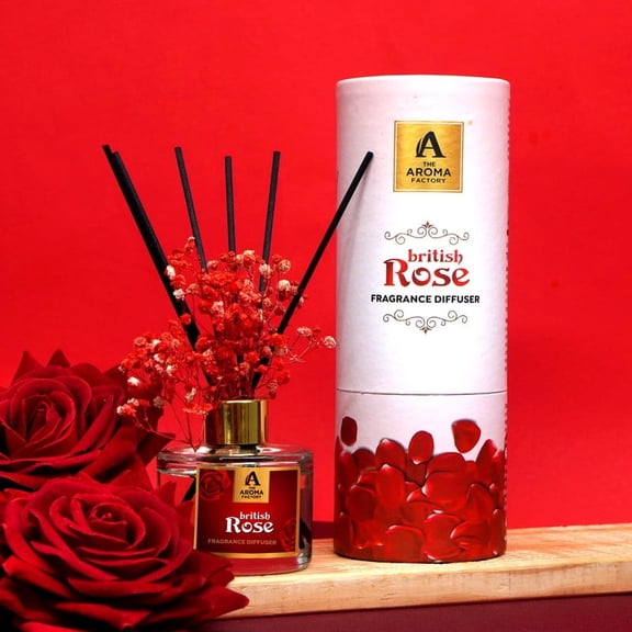The Aroma Factory British Rose Reed Diffuser  Luxury Floral Essential Oil Home Fragrance with Long Lasting Scent, Elegant Reed Diffuser for Romantic and Relaxing Ambience