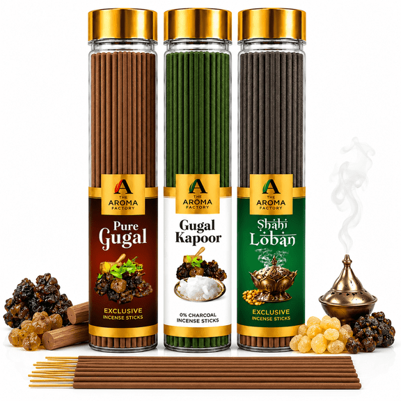 The Aroma Factory Incense Sticks, Agarbatti, Gugal, Gugal Kapoor & Shahi Loban, Essential Oil, 3 x 100g