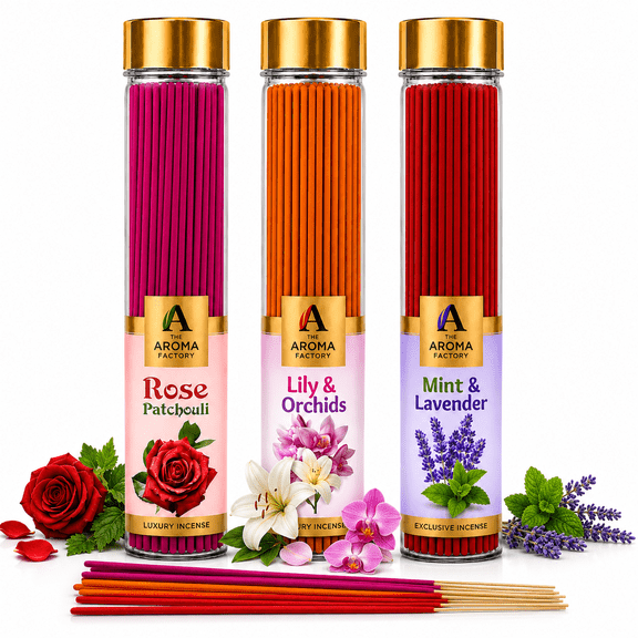 The Aroma Factory Incense Sticks Combo Pack 3 Fragrances (Rose Patchouli, Mint & Lavender, Lily & Orchid) 100g Each – Essential Oil Based, No Charcoal, Non Toxic, 100% Herbal, No Black Smoke