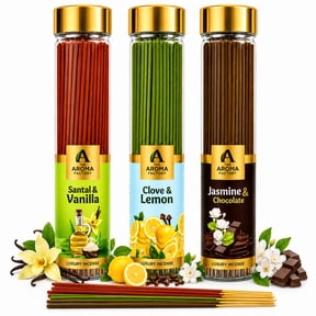 The Aroma Factory Incense Sticks Combo Pack 3 Fragrances (Santal & Vanilla, Jasmine & Chocolate, Clove & Lemon) 100g Each – Essential Oil Based, No Charcoal, Non Toxic, 100% Herbal, No Black Smoke