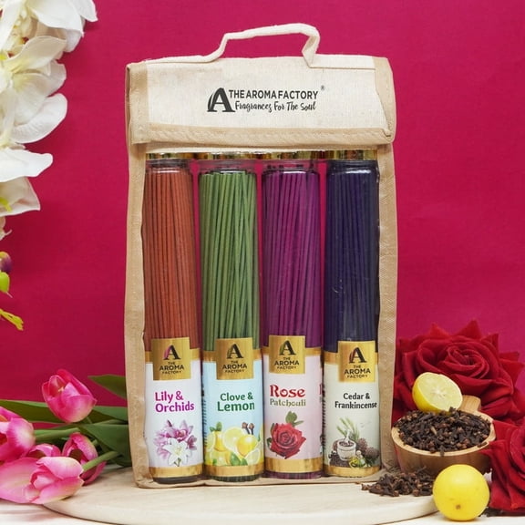 The Aroma Factory Incense Sticks Combo Pack 4 Fragrances (Lily Orchid, Rose Patchouli, Cedar & Frankincense, Clove & Lemon) 100g Each – Essential Oil Based, No Charcoal, Non Toxic