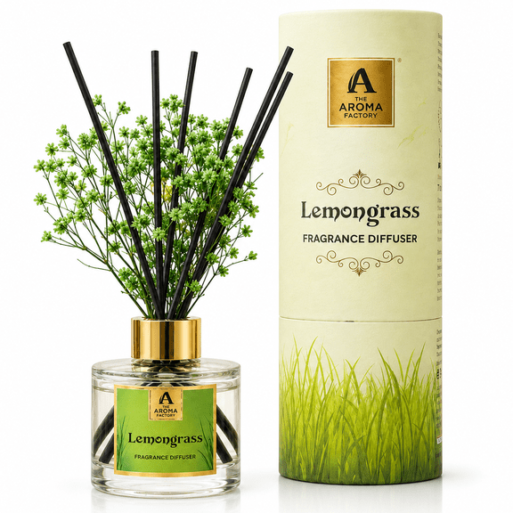 The Aroma Factory Lemongrass Reed Diffuser  Natural Fresh Essential Oil Home Fragrance with Long Lasting Aroma, Herbal and Energizing Reed Diffuser for Home & Office Use