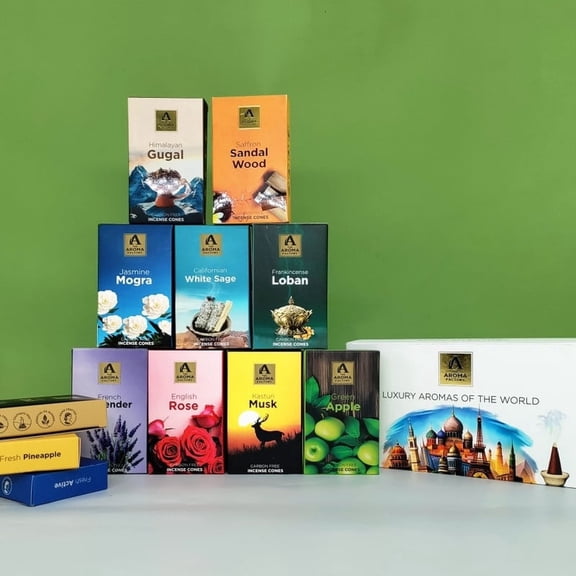 The Aroma Factory Luxury Incense Cones Gift Set 12 Exotic Fragrances, Non-Backflow Cones, Essential Oil Blend, Charcoal-Free, Plant & Resin Based, Premium Aromatherapy Cone Pack