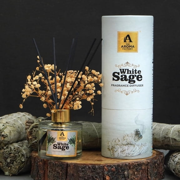 The Aroma Factory White Sage Reed Diffuser  Premium Natural Essential Oil Home Fragrance with Long Lasting Aromatherapy Scent, Elegant Glass Bottle with Reed Sticks for Home & Office Dcor