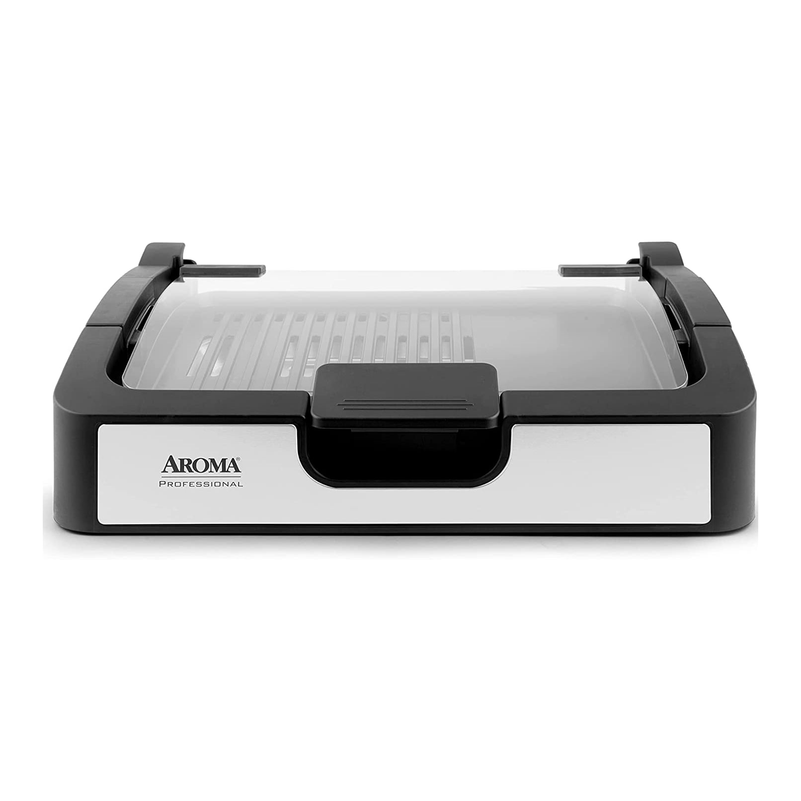 Compact Black and Silver Electric Indoor Grill with Glass Lid